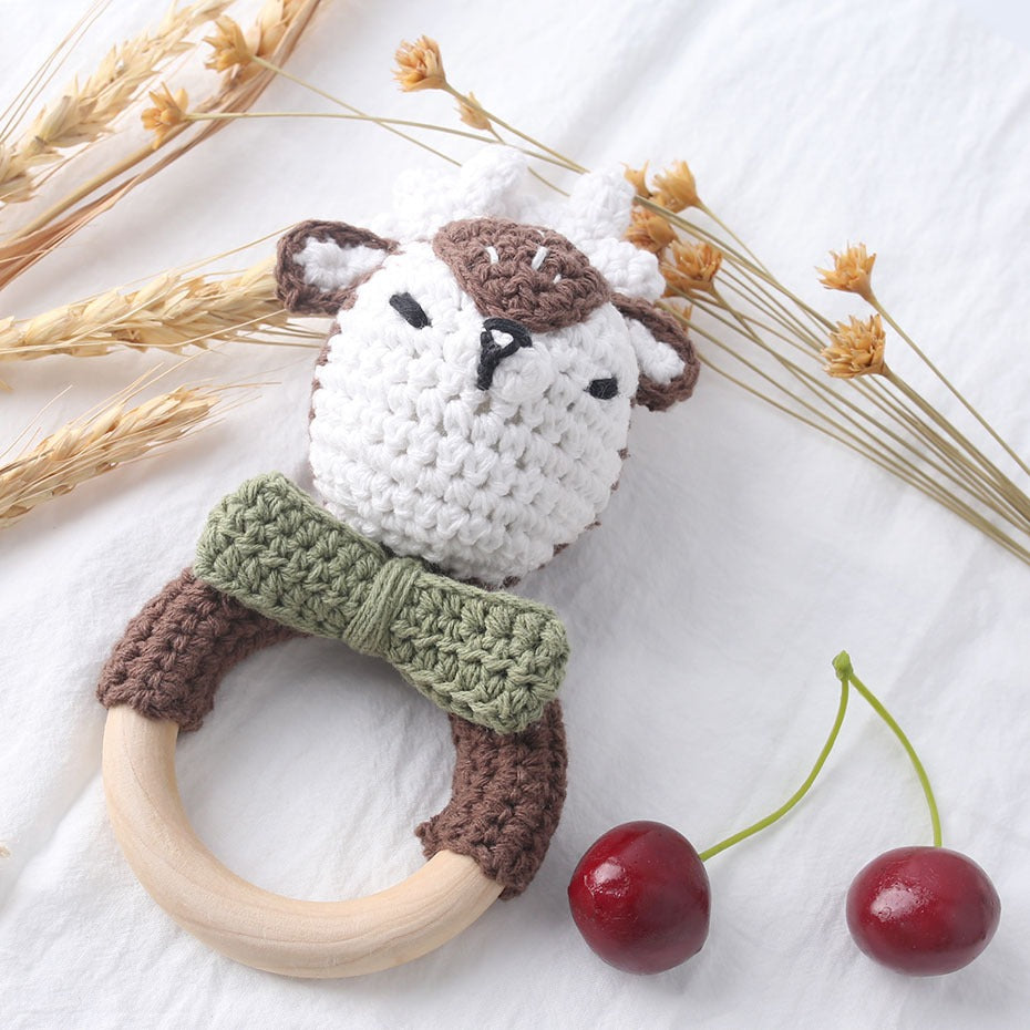 Animal Wooden Teething Ring Rattle Hand-Made Crochet | Deer