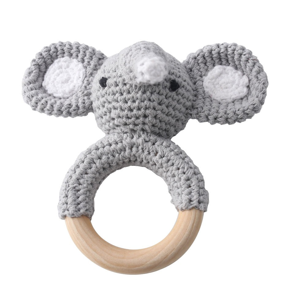 Animal Wooden Teething Ring Rattle Hand-Made Crochet | Elephant