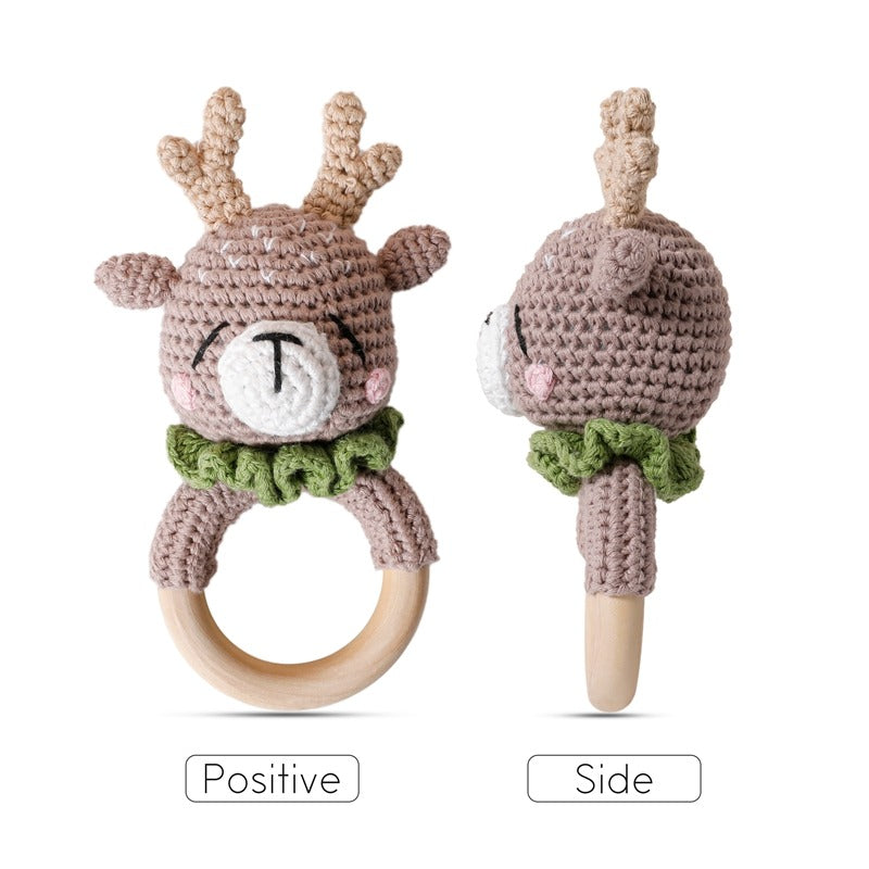 Animal Wooden Teething Ring Rattle Hand-Made Crochet | Elk