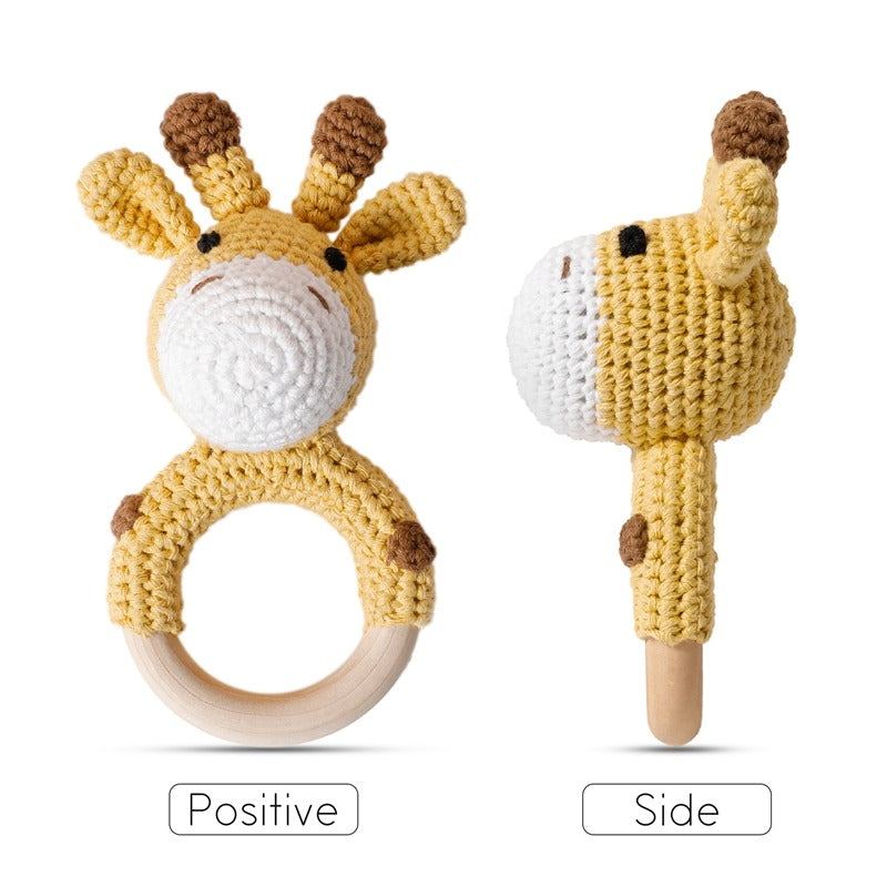 Animal Wooden Teething Ring Rattle Hand-Made Crochet | Giraffe