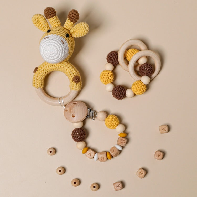 Giraffe Baby Gift Box 3pcs set| Crochet Rattle & Teething Ring & Pacifier Holder Dummy Clip